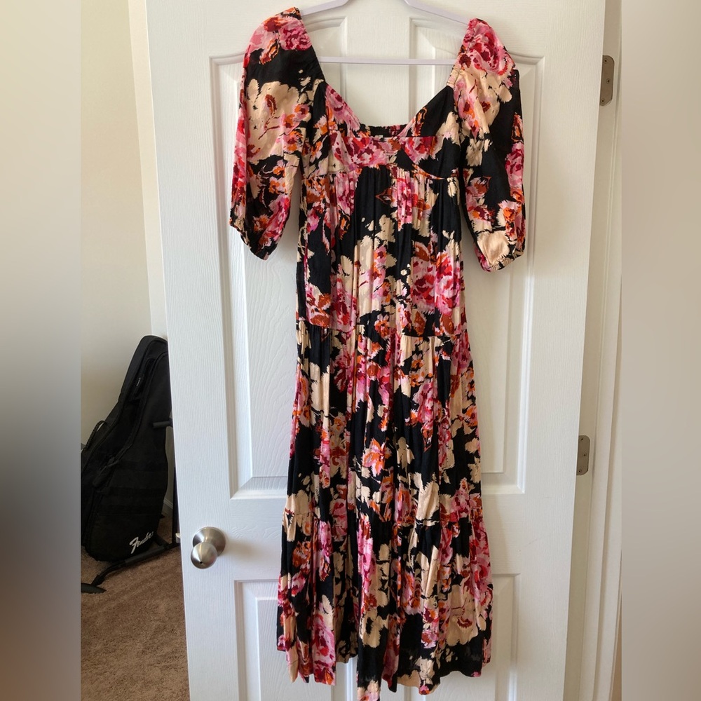 Anthropologie Black and Pink Floral Garden Party Maxi Dress